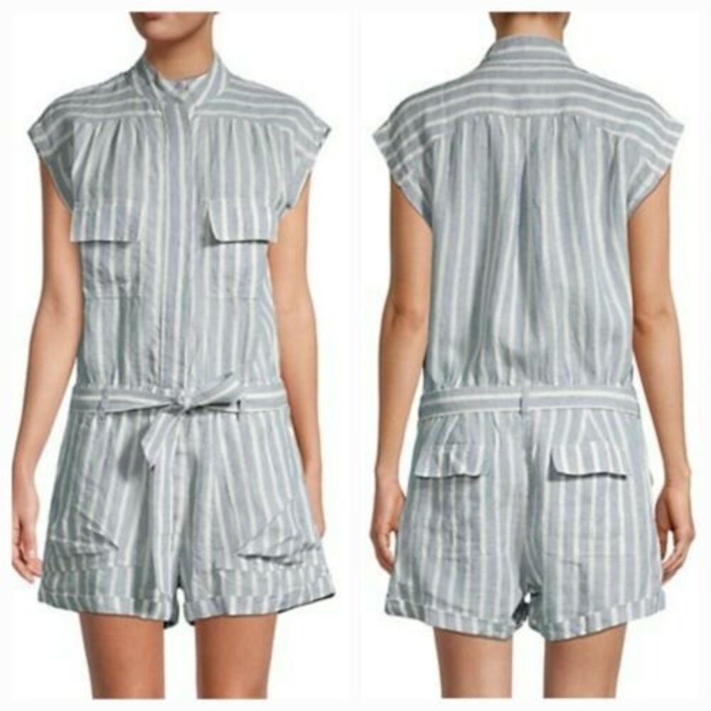 FRAME Linen Romper Women's Size Xtra Small Striped blue and white linen romper